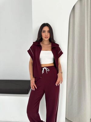 Kadın Modal Kumaş Garnili Sıfır Kol Dik Yaka Oversize Eşofman Takımı