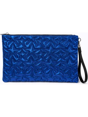 Ecrou Yıldız Desenli Saks Parlak Portföy & Clutch Çanta Çıkarılabilir Bileklik Askılı 30 x 19 cm