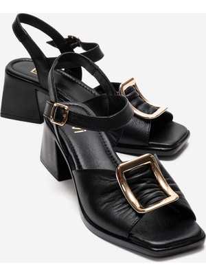 Luvi Asha Siyah Tokalı Hakiki Deri Kadın Kalın Topuklu Sandalet