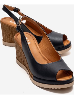 Luvi Helına Lacivert Hakiki Deri Kadın Dolgu Topuklu Sandalet