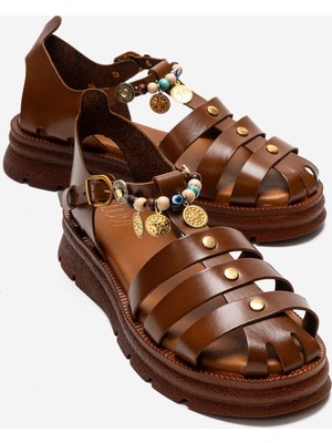 Luvi Solıs Taba Hakiki Deri Boncuklu Kadın Sandalet