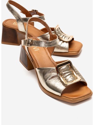 Luvi Asha Altın Tokalı Hakiki Deri Kadın Kalın Topuklu Sandalet