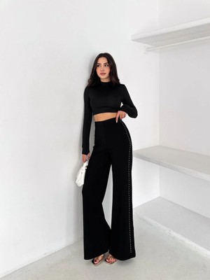 Kadın Yanı Taşlı Bol Paça Çelik Interlok Wide Leg Pantolon