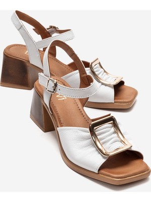 Luvi Asha Beyaz Tokalı Hakiki Deri Kadın Kalın Topuklu Sandalet