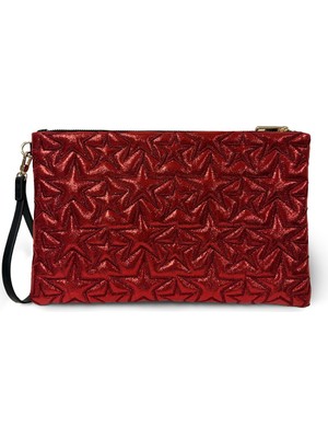 Ecrou Yıldız Desenli Kırmızı Parlak Portföy & Clutch Çanta Çıkarılabilir Bileklik Askılı 30 x 19 cm