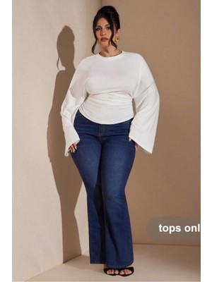 Tarz Cool Büyük Beden Uzun Kollu Günlük Düz Renk Büzgülü Bel Geniş Kollu T-Shirt