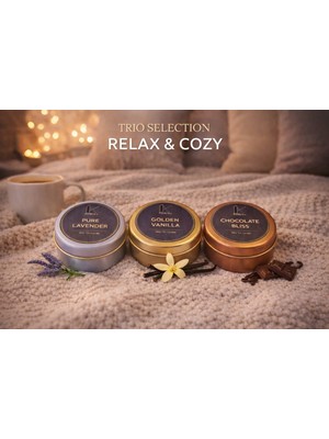 Korıxa Relax & Cozy 3’lü Mini Kokulu Mum Seti – Premium Metal Kutulu Mum (Lavanta, Vanilya, Çikolata)