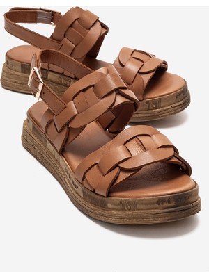Luvi Elvoro Taba Hakiki Deri Örgü Bantlı Kadın Sandalet
