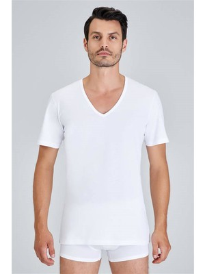 Kom Enrico V Yaka 2'li Erkek T-Shirt Kısa Kol Beyaz %100 Pamuklu Rahat Kesim