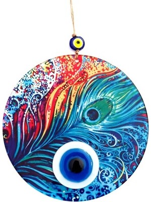 Akinco Tavus Kuşu Tüyü Desenli Füzyon Camdan El Yapımı Nazar Boncuklu Duvar Süsü