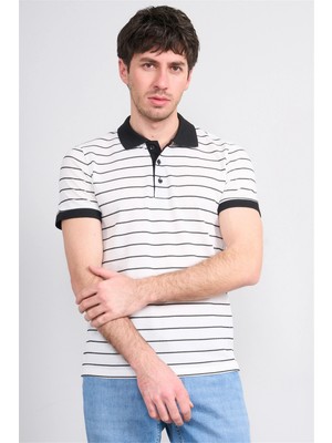 Çetinkaya Mentality 4553 Polo Yaka Regular Çizgili T-Shirt Beyaz-Siyah