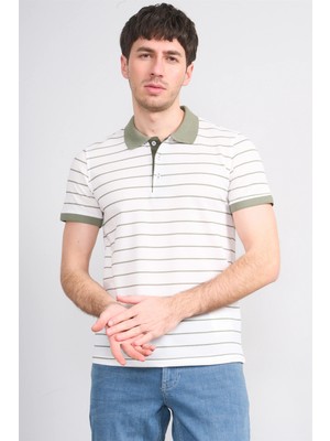Çetinkaya Mentality 4553 Polo Yaka Regular Çizgili T-Shirt Beyaz-Haki