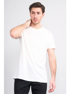 Çetinkaya Mentality 2772 V Yaka Slimfit Basic T-Shirt Krem