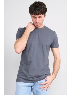 Çetinkaya Mentality 2772 Bisiklet Yaka Slimfit Basic T-Shirt Düz Koyu Gri