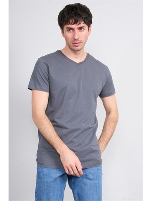 Çetinkaya Mentality 2772 V Yaka Slimfit Basic T-Shirt Düz Koyu Gri