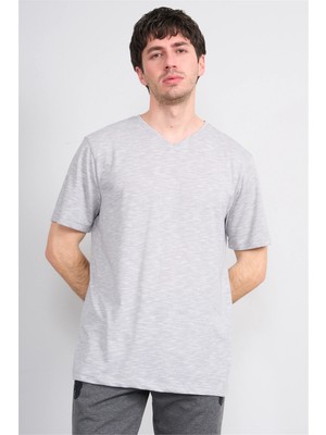 Çetinkaya Mentality 3447 V Yaka Flamlı Sıngle Jersey Regular T-Shirt Gri