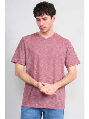 Çetinkaya Mentality 3447 V Yaka Flamlı Sıngle Jersey Regular T-Shirt Bordo