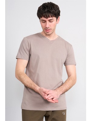 Çetinkaya Mentality 2772 V Yaka Slimfit Basic T-Shirt Koyu Vizon