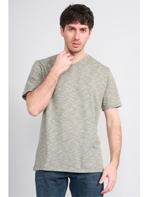 Çetinkaya Mentality 3447 V Yaka Flamlı Sıngle Jersey Regular T-Shirt Haki