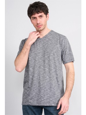 Çetinkaya Mentality 3447 V Yaka Flamlı Sıngle Jersey Regular T-Shirt Siyah