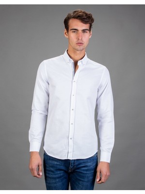 Tudors Slim Fit Uzun Kollu Düğmeli Yaka Pamuklu Kolay Ütü Düz Erkek Gömlek
