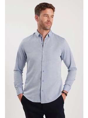 Tudors Erkek Slim Fit Dar Kesim Uzun Kollu Pamuklu Oxford Doku Kolay Ütülenebilir Gri Düğmeli Yaka Gömlek