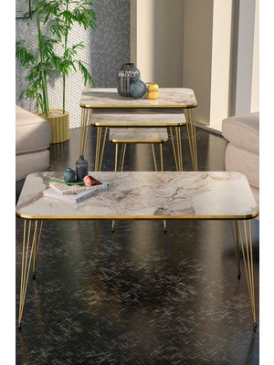 Gold Falez Modern Zigon Sehpa Set Çift Siyah Suntalam Üst Yüzey 90x50 cm Altın Metal Ayak