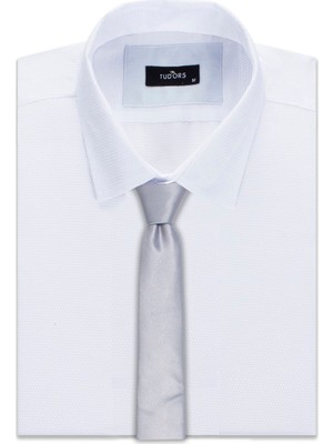 Tudors Düz Klasik Cep Mendilli Gri Erkek Kravat