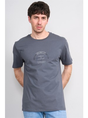 Çetinkaya Mentality 4496 Bisiklet Yaka Regular Baskılı T-Shirt Koyu Gri