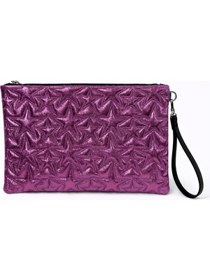 Ecrou Yıldız Desenli Fuşya Parlak Portföy & Clutch Çanta Çıkarılabilir Bileklik Askılı 30 x 19 cm