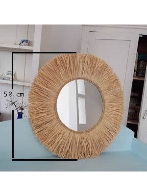 BH Bohem Handmade Yuvarlak Ayna Doğal Ahşap Çerçeve ile Büyük Boy 50 cm El İşçiliği