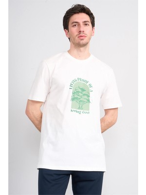 Çetinkaya Mentality 4378 Bisiklet Yaka Regular Baskılı T-Shirt Krem