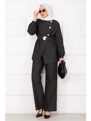 Md Premium Gold Düğmeli Kemerli Kot Takım Siyah