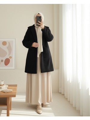 Moda Morfo Düğmeli Astarlı Önden Cepli Peluş Kaban  -Siyah