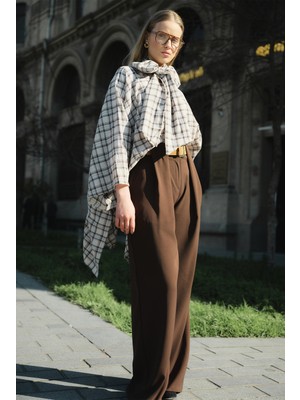 Emnora Kemer Detaylı Palazzo Pantolon Acı Kahve