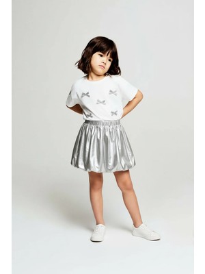 Magu Kız Çocuk Pamuklu Beyaz Gümüş Fiyonk Detaylı Tişört Etek Takım