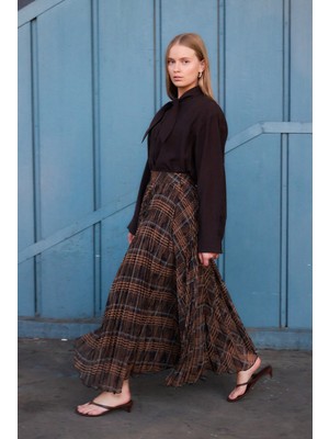 Emnora Piliseli Şifon Etek Ekose