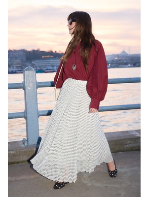 Emnora Piliseli Şifon Etek Beyaz Puantiye