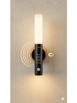 Cata Kumru Siyah Kablosuz Sensörlü Şarjlı Dekoratif LED Duvar Aplik Günışığı Mıknatıslı Meşale Işık Lüx Aplik
