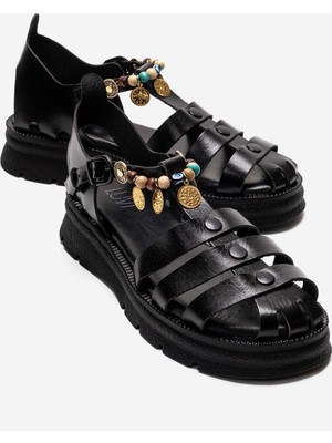 Luvi Solıs Siyah Hakiki Deri Boncuklu Kadın Sandalet