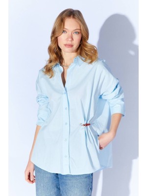 CGA Kadın Mavi Poplin Gömlek Önü Kısa Arkası Uzun Oversize Poplin Gömlek
