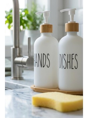 Atbyhome 2’li Beyaz Mutfak Sıvı Sabunluk Seti 500ml+500ml Bambu Standlı