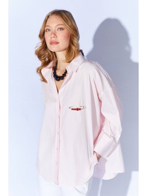 CGA Kadın Pudra Poplin Gömlek Önü Kısa Arkası Uzun Oversize Poplin Gömlek