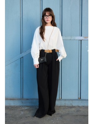 Emnora Kemer Detaylı Palazzo Pantolon Siyah