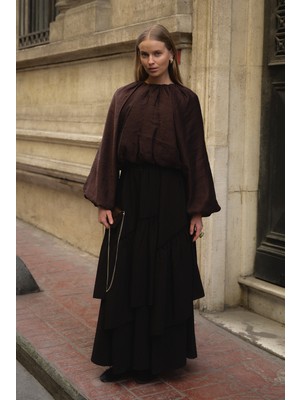 Emnora Katlı Ekose Etek Acı Kahve