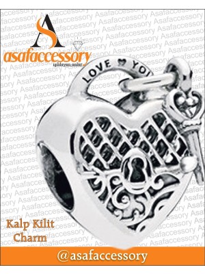 Asaf Accessory Çicekli Kalp Kilit Charm / Gümüş Kaplama