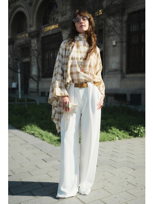 Emnora Kemer Detaylı Palazzo Pantolon Beyaz