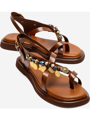 Luvi Hush Taba Hakiki Deri Boncuklu Kadın Parmak Arası Sandalet