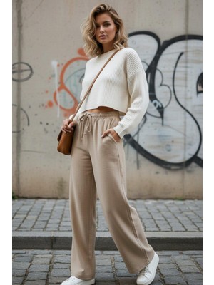 Mossta Beli Lastikli Bağcıklı Rahat Kesim Salaş Aerobin Pantolon - Bej