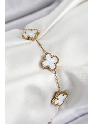 Uslucan Alışveriş 316L Çelik Beyaz Sedef Yonca Model Gold Renk Kadın Bileklik